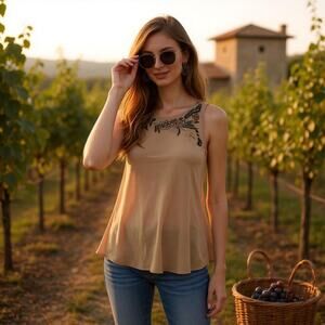 AKEMI + KIN Sleeveless Sequin Embroidered Blouse Brown Anthro Womens Small